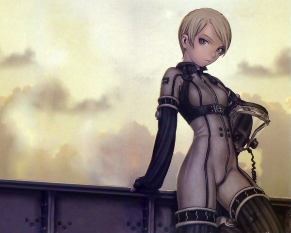 Anime picture 1280x1024 with last exile gonzo tatiana wisla range murata looking at viewer short hair blue eyes blonde hair sky cloud (clouds) girl bodysuit