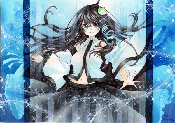 Anime picture 1500x1059 with touhou kochiya sanae mosho single long hair looking at viewer open mouth black hair signed aqua eyes bare belly traditional media watercolor (medium) alternate color girl navel hair ornament detached sleeves animal hair tubes