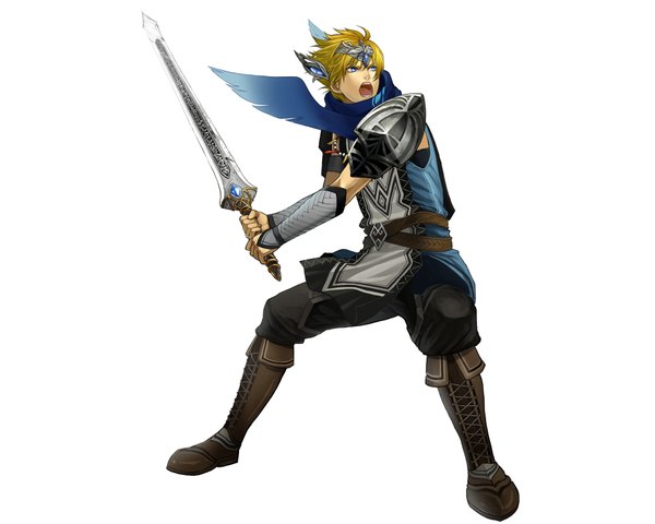 Anime picture 4000x3200 with half-minute hero single highres short hair open mouth blue eyes simple background blonde hair white background absurdres boy hair ornament weapon sword belt armor