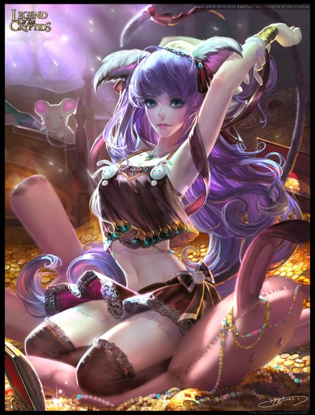 Anime picture 1000x1317 with legend of the cryptids yu-han single tall image blush blue eyes animal ears purple hair very long hair lips bare belly armpit (armpits) midriff girl thighhighs skirt navel black thighhighs toy stuffed animal