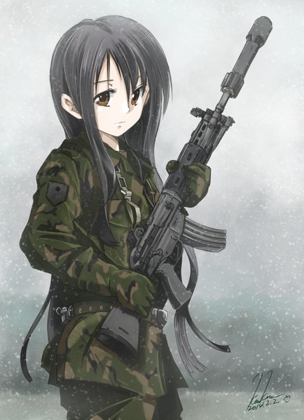 Anime picture 1050x1452 with original kem kem single long hair tall image fringe black hair hair between eyes brown eyes signed snowing winter girl gloves uniform weapon gun military uniform