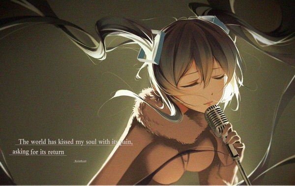 Anime picture 1280x807 with vocaloid hatsune miku qingchen single twintails eyes closed very long hair aqua hair inscription girl hair ornament microphone
