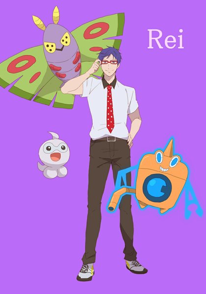 Anime picture 827x1182 with pokemon free! kyoto animation nintendo ryugazaki rei rotom castform dustox ronisuke tall image looking at viewer short hair simple background smile purple eyes blue hair character names hand on hip purple background crossover