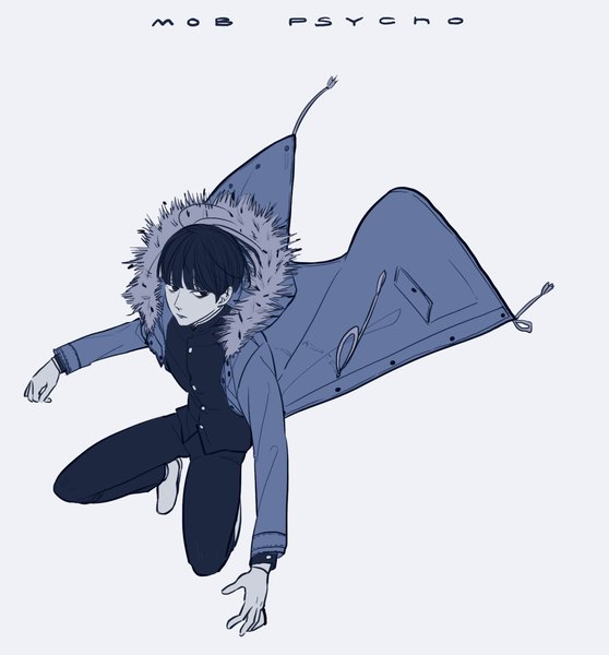 Anime picture 1488x1600 with mob psycho 100 studio bones kageyama shigeo beul single tall image fringe short hair black hair simple background looking away full body blunt bangs from above wind black eyes grey background open jacket copyright name squat