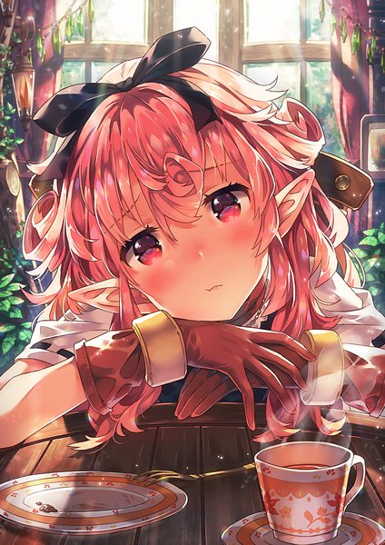 Anime picture 849x1200 with original recri (narumi arata) narumi arata single long hair tall image looking at viewer blush fringe hair between eyes red eyes pink hair indoors head tilt pointy ears elf steam hands clasped sad curly hair