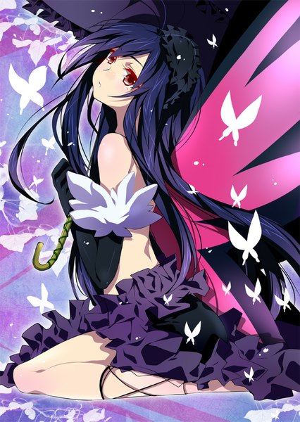 Anime picture 600x844 with accel world sunrise (studio) kuroyukihime akishima kei single long hair tall image blush black hair red eyes sitting bare shoulders looking away insect wings butterfly wings girl gloves wings black gloves elbow gloves