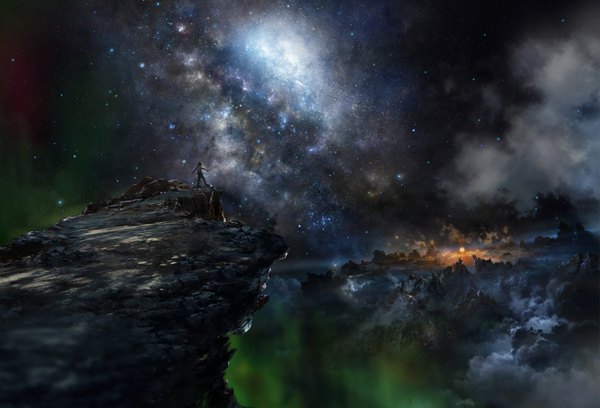 Anime picture 2643x1800 with original iy (tsujiki) single tall image highres standing sitting sky cloud (clouds) outdoors from behind night night sky horizon landscape scenic rock milky way aurora borealis star (stars)