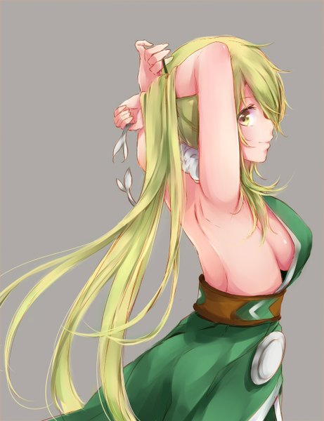 Anime picture 1000x1300 with tower of saviors silver (chenwen) single long hair tall image looking at viewer blush breasts light erotic blonde hair smile large breasts yellow eyes looking back from behind arms up armpit (armpits) sideboob back adjusting hair