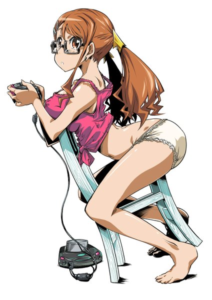 Anime picture 1002x1417 with ano hi mita hana no namae wo bokutachi wa mada shiranai a-1 pictures sega anjou naruko mima chi single long hair tall image breasts open mouth light erotic simple background brown hair large breasts white background sitting twintails bare shoulders nipples barefoot