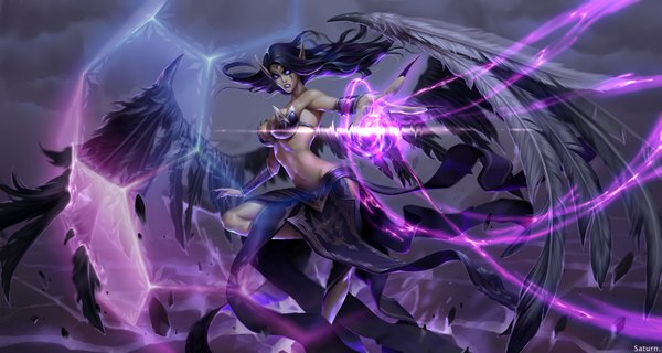 Anime picture 4500x2400 with league of legends morgana (league of legends) saturn (pixiv id=13435326) single long hair looking at viewer highres breasts light erotic black hair wide image large breasts purple eyes absurdres purple hair fingernails pointy ears midriff lipstick grin