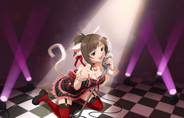 Anime picture 1280x824 with idolmaster idolmaster cinderella girls maekawa miku annindoufu (oicon) single fringe short hair breasts open mouth light erotic smile brown hair bare shoulders holding animal ears payot cleavage bent knee (knees) ponytail tail