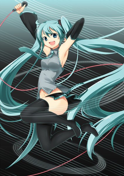 Anime picture 1060x1500 with vocaloid hatsune miku n39 (artist) single tall image open mouth twintails ahoge very long hair aqua eyes aqua hair armpit (armpits) jumping girl navel hair ornament detached sleeves miniskirt necktie thigh boots