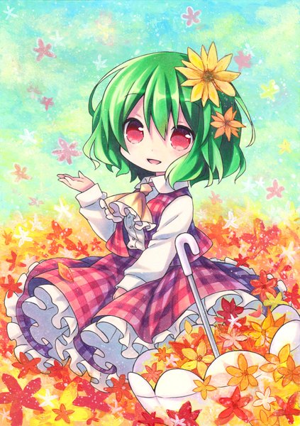 Anime picture 2500x3544 with touhou kazami yuuka kagami leo single tall image looking at viewer blush highres short hair open mouth red eyes hair flower green hair chibi girl skirt hair ornament flower (flowers) umbrella skirt set