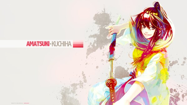 Anime picture 1600x900 with amatsuki kuchiha single wide image white background ponytail light smile wallpaper unsheathing girl weapon sword katana bandage (bandages) sheath