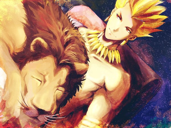 Anime picture 1440x1080 with fate (series) fate/stay night fate/zero studio deen type-moon gilgamesh (fate) daviw blonde hair red eyes looking away topless boy detached sleeves earrings animal jewelry gold lion