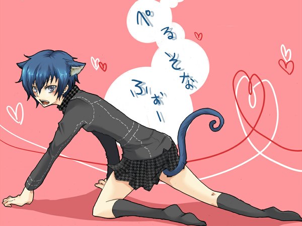 Anime picture 1024x768 with persona 4 persona shirogane naoto tagme (artist) single blush blue eyes animal ears blue hair tail cat ears cat girl cat tail hieroglyph plaid skirt skirt lift on all fours plaid kemonomimi mode androgynous