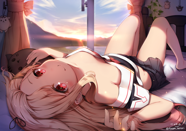 Anime picture 1637x1157 with kantai collection yuudachi destroyer the yuudachi-like creature nyum long hair looking at viewer blush fringe breasts light erotic black hair blonde hair smile red eyes sky bent knee (knees) indoors lying pleated skirt barefoot