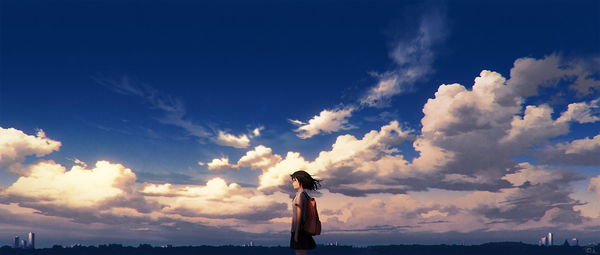 Anime picture 1700x724 with original mocha (cotton) single short hair black hair wide image standing signed looking away sky cloud (clouds) outdoors profile pleated skirt wind horizon girl skirt uniform school uniform