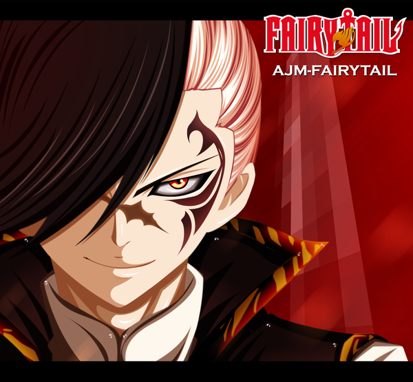 Anime picture 2000x1853 with fairy tail rogue cheney ajm-fairytail single fringe highres black hair smile yellow eyes white hair multicolored hair hair over one eye inscription two-tone hair tattoo copyright name coloring facial mark scar close-up