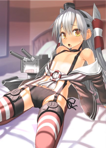 Anime picture 1079x1500 with kantai collection amatsukaze destroyer rensouhou-kun patricia (stylish marunage) long hair tall image looking at viewer blush light erotic yellow eyes silver hair open clothes shadow sweat two side up kneeling cameltoe girl thighhighs underwear