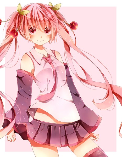 Anime picture 1400x1800 with vocaloid hatsune miku sakura miku naoton single long hair tall image looking at viewer blush simple background smile twintails bare shoulders pink hair pleated skirt pink eyes zettai ryouiki girl thighhighs skirt