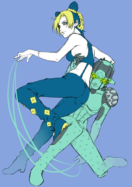 Anime picture 566x800 with jojo no kimyou na bouken kujo jolyne stone free chounorin tall image looking at viewer short hair simple background blonde hair bare shoulders multiple girls green eyes bent knee (knees) braid (braids) multicolored hair two-tone hair hair bun (hair buns) twin braids purple background stand (jojo)