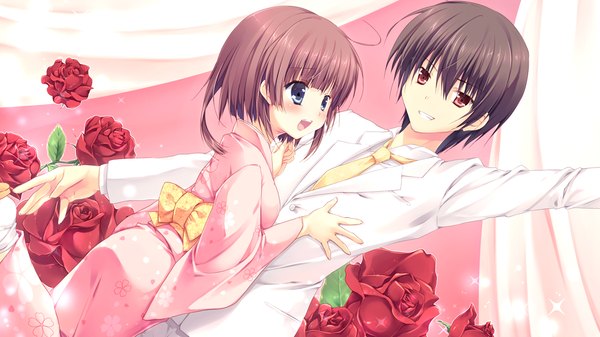 Anime picture 1280x720 with izayoi no fortuna miyasaka miyu blush short hair open mouth blue eyes black hair red eyes brown hair wide image game cg traditional clothes japanese clothes couple girl boy flower (flowers) kimono rose (roses)