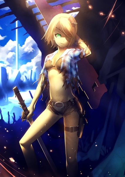 Anime picture 1134x1600 with vocaloid kagamine rin kunieda tall image short hair blonde hair green eyes midriff torn clothes girl navel sword shorts eyepatch bikini top