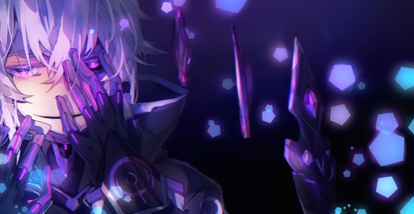 Anime picture 1400x727 with elsword add (elsword) ch (pixiv) single smile wide image purple eyes purple hair glowing face glowing eye (eyes) purple background smirk black sclera popped collar boy gloves