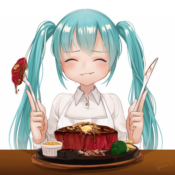 Anime picture 1500x1500 with vocaloid hatsune miku gotoh510 single long hair simple background twintails signed eyes closed aqua hair happy eating ^ ^ girl food table knife vegetables plate fork