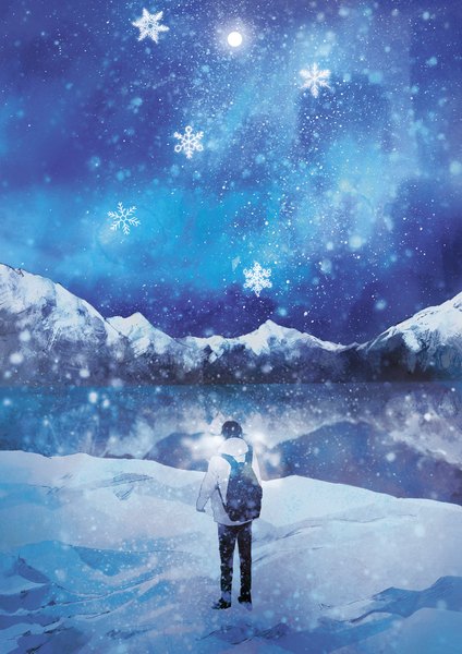 Anime picture 1500x2121 with original parel (artist) single tall image short hair black hair standing full body from behind snowing reflection winter snow mountain exhalation scenic boy water moon pants