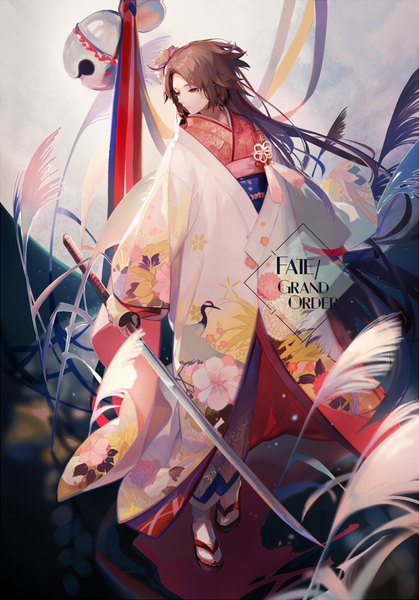 Anime picture 800x1145 with fate (series) fate/grand order kara no kyoukai type-moon ryougi shiki nineo single tall image brown hair standing brown eyes looking away full body very long hair traditional clothes japanese clothes profile copyright name floral print animal print