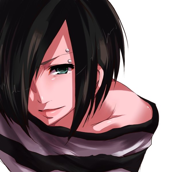 Anime picture 1100x1100 with original muuran single looking at viewer fringe short hair black hair simple background white background green eyes hair over one eye piercing close-up face boy t-shirt
