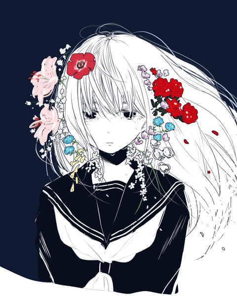 Anime picture 1361x1700 with original matsuda hikari single long hair tall image fringe simple background white hair hair flower black eyes tears looking down monochrome blue background sad girl uniform flower (flowers) petals serafuku