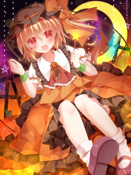Anime picture 1050x1400 with touhou flandre scarlet mog (artist) single tall image blush short hair open mouth blonde hair red eyes one side up crescent girl dress wings socks moon white socks bonnet crystal