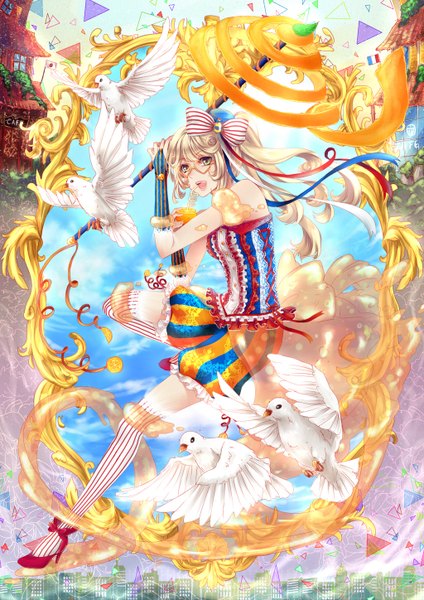 Anime picture 1024x1448 with original orangina ten-chan (eternal-s) single long hair tall image open mouth blue eyes blonde hair smile sky cloud (clouds) flag print girl thighhighs gloves ribbon (ribbons) bow hair bow animal