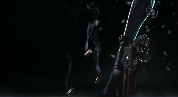Anime picture 1920x1047 with bayonetta bayonetta (character) single highres wide image legs black background smoke girl boots gun pistol shell casing