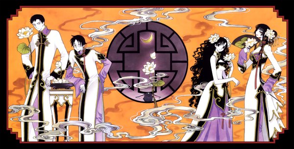Anime picture 2366x1200 with xxxholic clamp ichihara yuuko watanuki kimihiro doumeki shizuka kunogi himawari highres wide image twintails very long hair smoke dress flower (flowers) moon fan water lily
