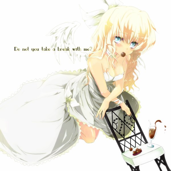 Anime picture 1500x1500 with ichiyou moka long hair blue eyes blonde hair cleavage mouth hold angel wings curly hair girl dress bow hair bow food white dress sweets chair glass wine glass chocolate