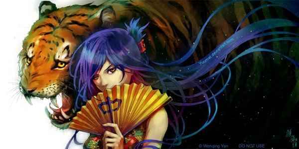Anime picture 1024x512 with original yuumei long hair looking at viewer wide image white background bare shoulders signed blue hair teeth orange eyes fang (fangs) chinese clothes sharp teeth folded ponytail girl animal fan chinese dress tiger