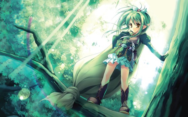 Anime picture 1680x1050 with wide image yellow eyes very long hair green hair pointy ears elf girl skirt plant (plants) miniskirt tree (trees) boots
