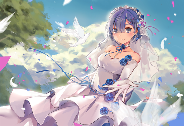 Anime picture 1500x1025 with re:zero kara hajimeru isekai seikatsu white fox rem (re:zero) kita (kitairoha) single looking at viewer blush fringe short hair breasts blue eyes smile hair between eyes bare shoulders blue hair sky cleavage cloud (clouds) blunt bangs wind