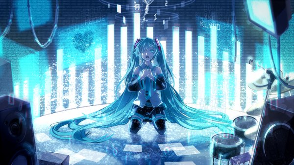 Anime picture 1000x562 with vocaloid hatsune miku no more (artist) single open mouth wide image twintails very long hair one eye closed aqua eyes wink aqua hair girl thighhighs skirt detached sleeves miniskirt necktie