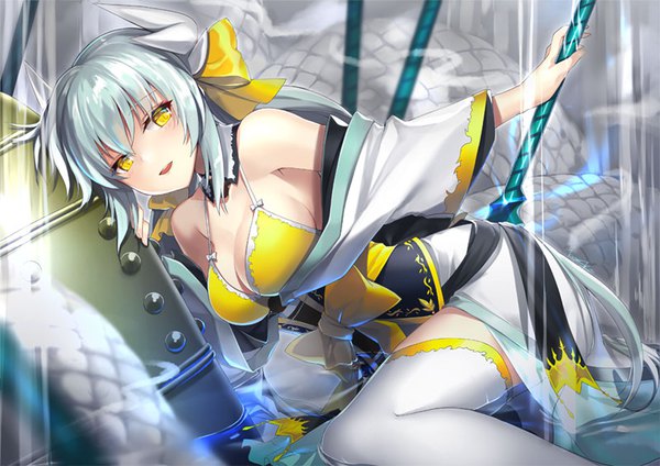 Anime picture 800x566 with fate (series) fate/grand order kiyohime (fate) kiyohime (swimsuit lancer) (fate) kagachi saku single long hair looking at viewer fringe breasts open mouth light erotic hair between eyes large breasts bare shoulders holding yellow eyes payot silver hair bent knee (knees)