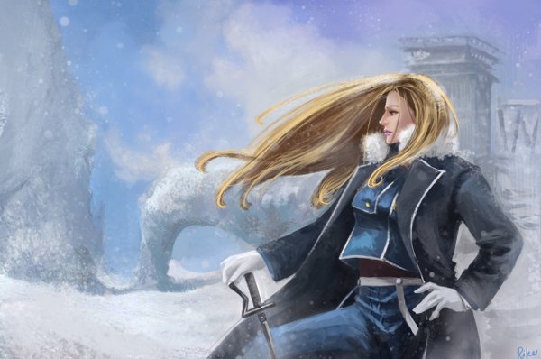 Anime picture 2500x1660 with fullmetal alchemist brotherhood olivier mira armstrong rikamello single long hair highres blonde hair green eyes sky wind lips realistic hand on hip lipstick snowing winter snow girl gloves uniform
