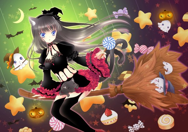 Anime picture 2484x1748 with miyu (artist) long hair highres blue eyes animal ears tail grey hair cat girl halloween witch crescent > < girl thighhighs hat animal food sweets star (symbol) moon