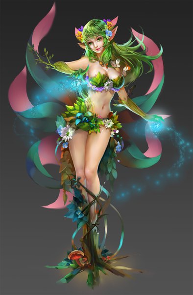Anime picture 1970x3000 with original hx (091113) single long hair tall image looking at viewer fringe highres breasts light erotic bare shoulders green eyes nail polish hair flower fingernails green hair pointy ears bare belly bare legs sparkle