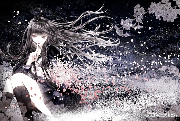 Anime picture 1000x676 with original kiyohara hiro single long hair looking at viewer fringe black hair sitting brown eyes bent knee (knees) nail polish pleated skirt multicolored hair wind lips grey hair text hieroglyph finger to mouth monochrome