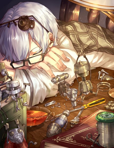 Anime picture 750x975 with original koubou single tall image fringe short hair silver hair eyes closed hair over one eye reclining sleeping mechanical boy glasses book (books) chair table cup lamp teacup