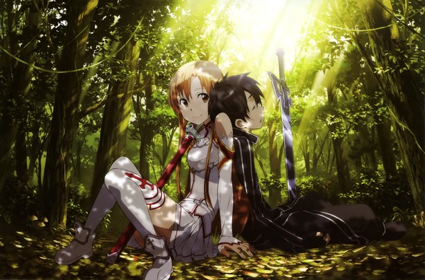 Anime picture 4057x2680 with sword art online a-1 pictures yuuki asuna kirigaya kazuto adachi shingo long hair highres short hair open mouth black hair brown hair bare shoulders brown eyes absurdres eyes closed scan official art couple back to back girl